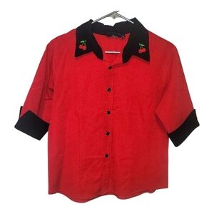 Red and Black Men's Shirt with Cherry Embroidery
